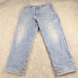 90s Woolrich Jeans Men 40x30 Blue Flannel Lined Distressed‎ Workwear Grunge VTG